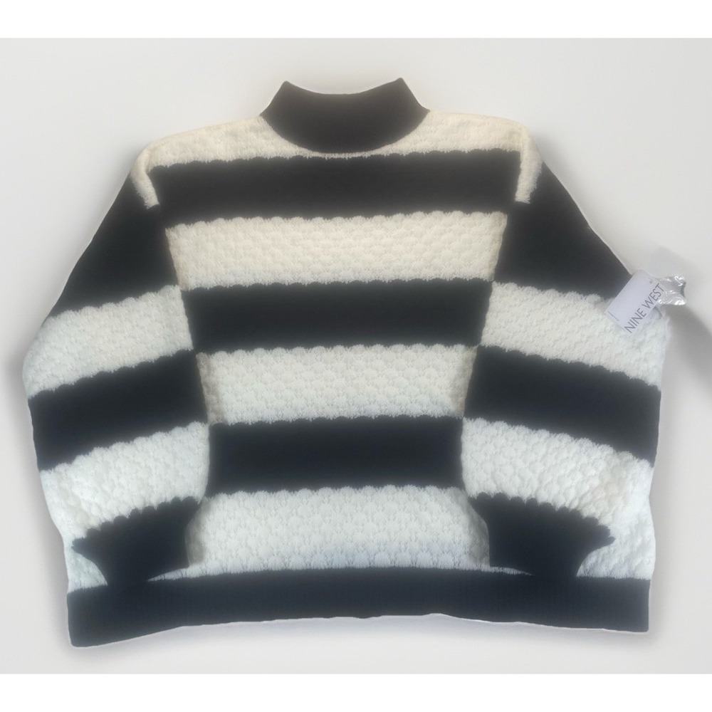 Nine West 2X White‎ Black Stripe Oversized Boxy Mock TurtleNeck Sweater NWT